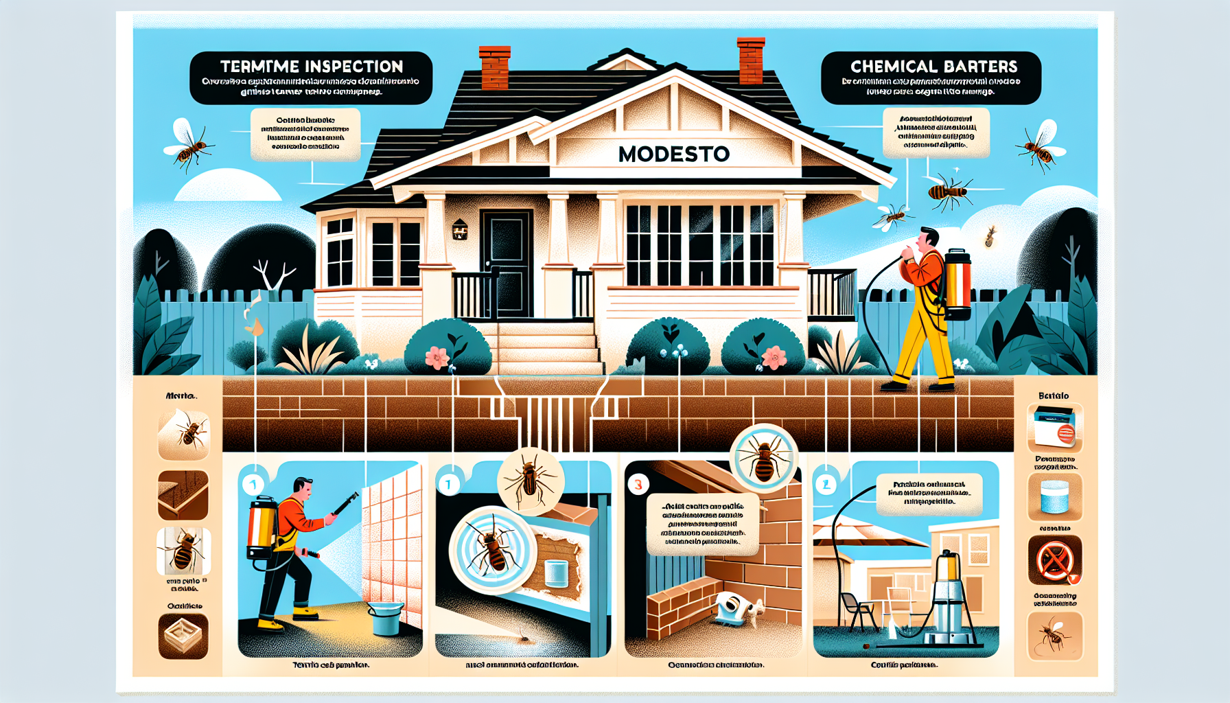 Illustration of practical steps to protect a Modesto home from termite damage