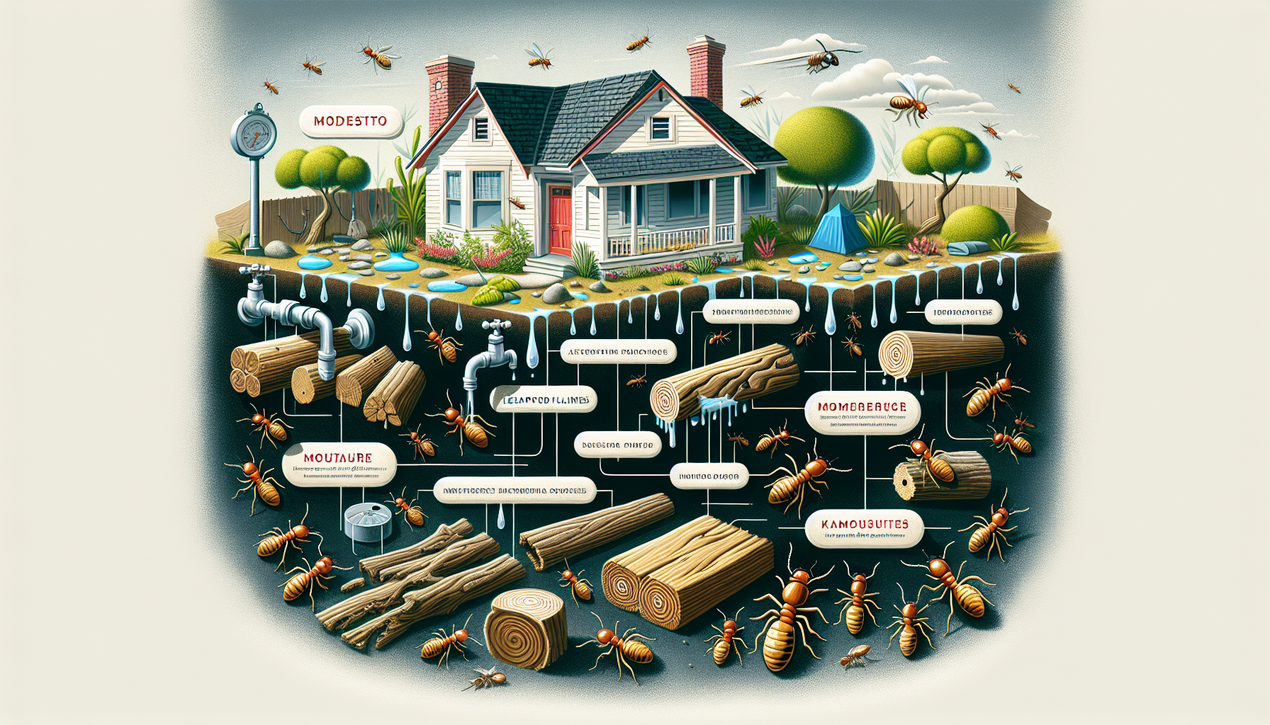 Illustration of factors attracting termites to a property in Modesto